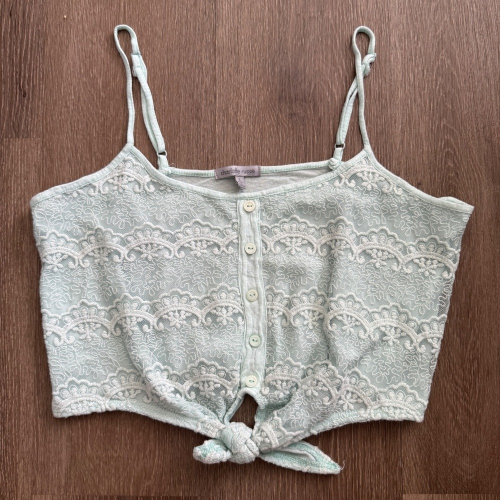 Charlotte Russe Cami Top Women Large Mint Green Lace Tie Front Cropped AC14211